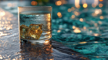 A stylish beverage with translucent gold ice cubes, submerged partially in pristine glass, placed near a pool's edge with gentle waves