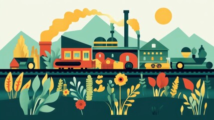 Colorful Illustration of Vintage Train and Landscape