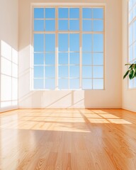Fototapeta premium Bright Empty Room with Large Windows and Wooden Floor, Sunlight and Blue Sky, Interior Architecture