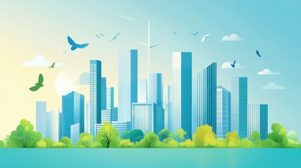 Modern Cityscape with Green Elements and Birds