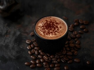 Cappuccino with cocoa powder on top, coffee beans around the cup