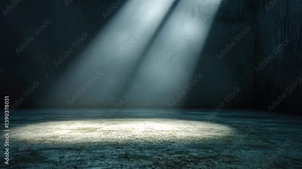 Poster dramatic light rays streaming through dark room with grungy walls and wet floor, creating an atmosph