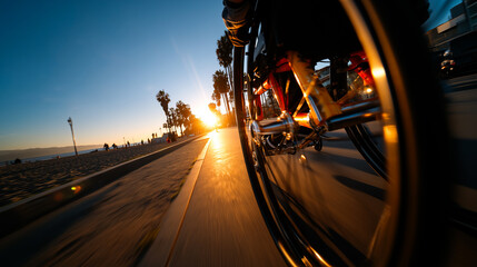 Wheelchair user is enjoying a scenic bike ride on a beach path at sunset.