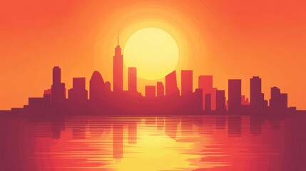 Sunset Over Silhouetted Cityscape Reflection