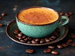 Cappuccino with cocoa powder on top, coffee beans around the cup