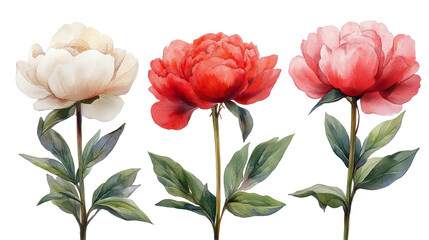 Obraz premium Elegant Watercolor Peonies Red Pink White Flowers Botanical Illustration Floral Design Nature Art Painting Soft Card Bloom Stems Fresh Image