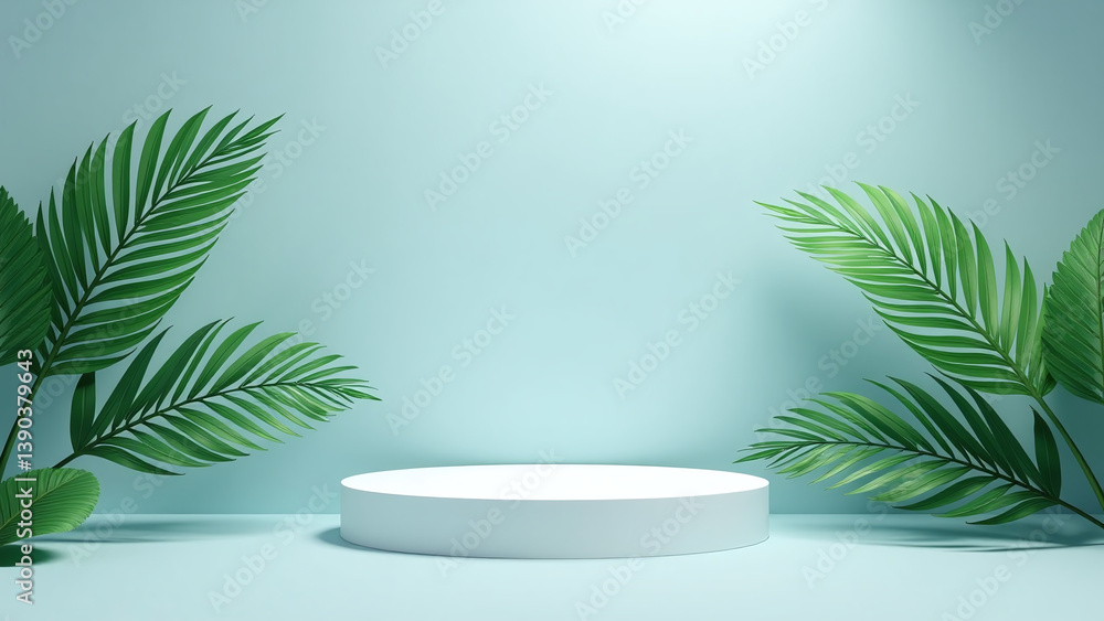 Poster palm leaves float empty podium digital render product presentation