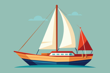 Fototapeta premium A wooden sailboat with a red and white sail glides across calm blue water under a bright blue sky with white clouds.