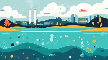 Naklejka premium Colorful Illustration of Industrial Landscape and Water