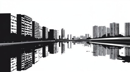 Cityscape reflecting in canal, urban view, for poster or wallpaper use