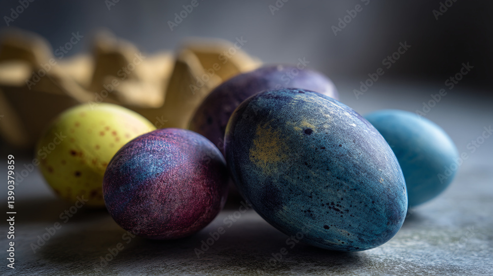 Poster a close up of easter eggs in various colors with an egg carton in the background on a gray surface