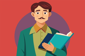 An illustration of a man with a mustache holding two books in front of a red background.