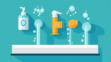 Colorful Bathroom Sink with Soap and Water Stream