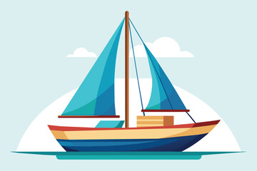Naklejka premium A vibrant cartoon illustration of a sailboat with blue sails sailing on a calm blue sea with a single white cloud in the sky.