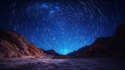 A mesmerizing view of the starry sky illuminating snow-capped mountains, featuring long-exposure techniques that reveal circular star trails. The backdrop, a blend of dark blue and black hues.