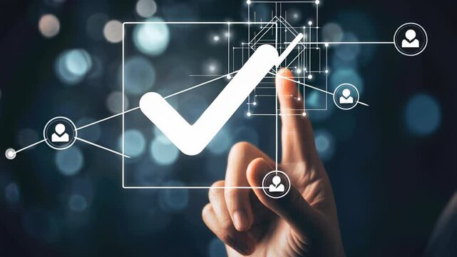 Digital validation process at night with glowing graphics and a hand symbolizing success in technology