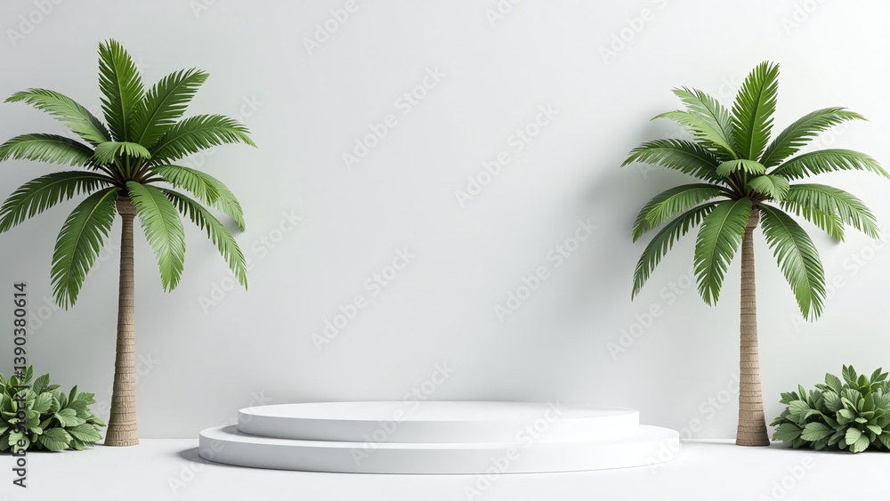 Poster palm trees surround abstract empty podium rendered