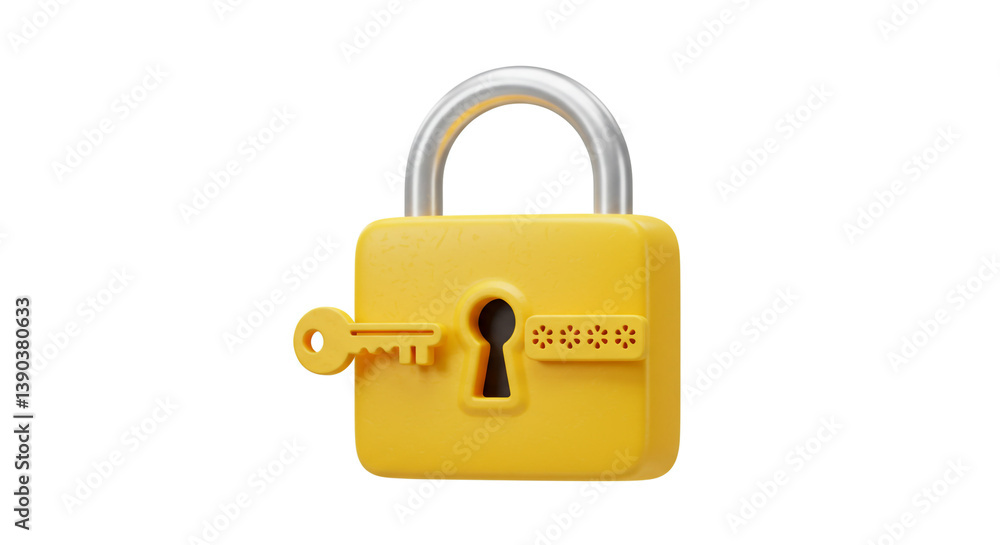 Poster a cheerful yellow padlock with its key, symbolizing secure access and playful protection, rendered i
