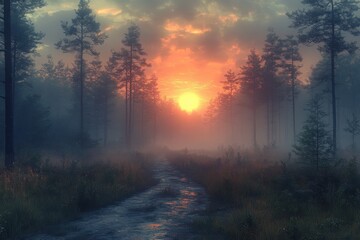 Misty forest path at sunrise, sun glowing through fog