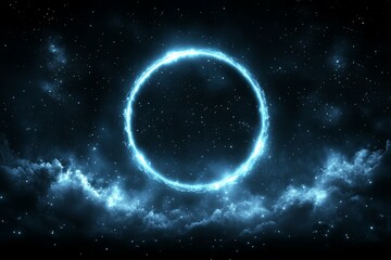 An abstract blue explosion or shock wave set against a futuristic backdrop