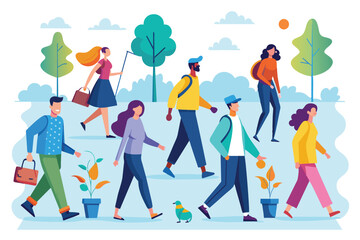 An illustration depicting a diverse group of people walking in a park on a sunny day. The group includes men and women of various ethnicities and ages.