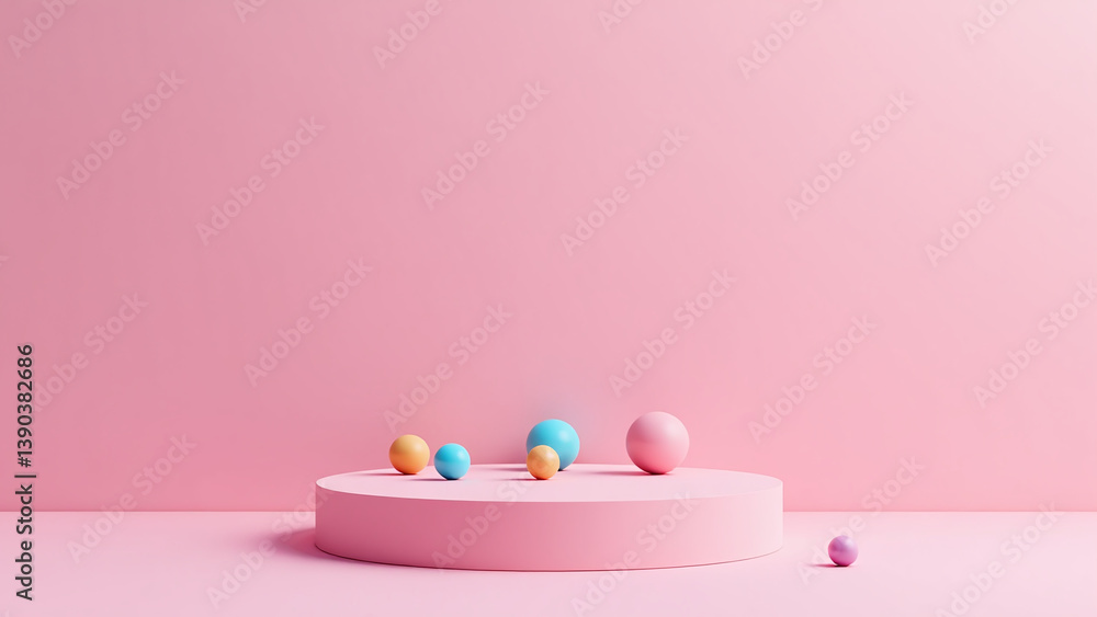 Poster pink background features model abstract empty podium colorful balls surface intricate