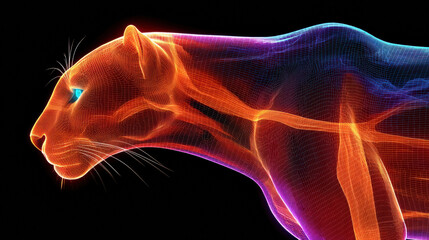 Cybernetic panther rendered in radiant neon hues of orange, cobalt, and violet