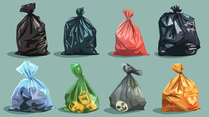 Vector illustration of full tied refuse plastic sacks with trash bags in various shapes for waste disposal and cleanup design