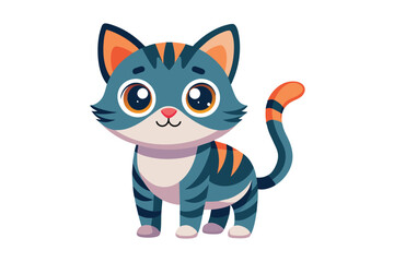 Obraz premium A cartoon illustration of a blue and orange striped cat with big eyes standing on a white background.