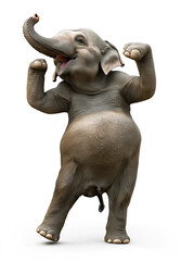 happy elephant dance dance , stand up by two legs and funny dance , smile, realistic pose, full body, natural light, full hd 8K, white isolated background, hyperrealistic photography