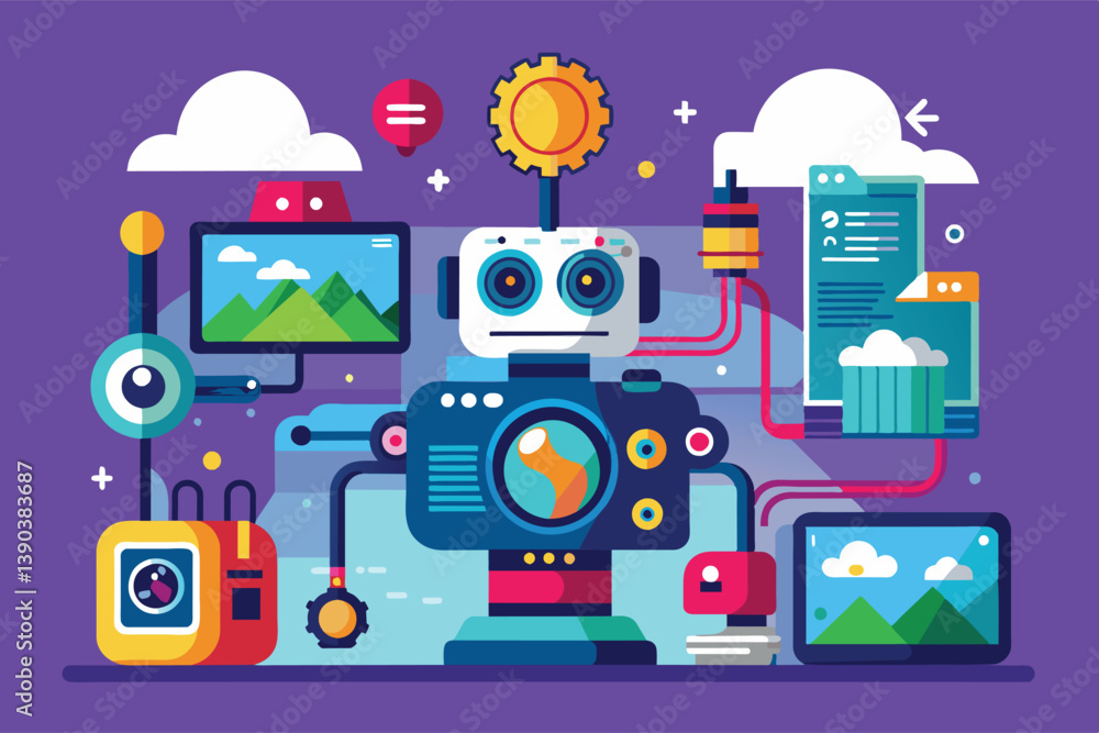Poster a stylized illustration depicting a robot with a camera connected to a cloud server and data storage