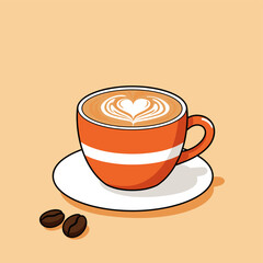 Latte Art Serenade: A captivating illustration showcases a vibrant orange coffee cup, elegantly filled with a creamy latte adorned with heart-shaped latte art, set against a warm.
