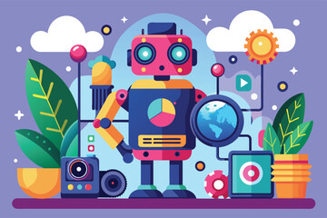 Obraz premium A digital illustration depicting a robot surrounded by colorful technology, nature, and various interconnected elements, suggesting automation and integration.