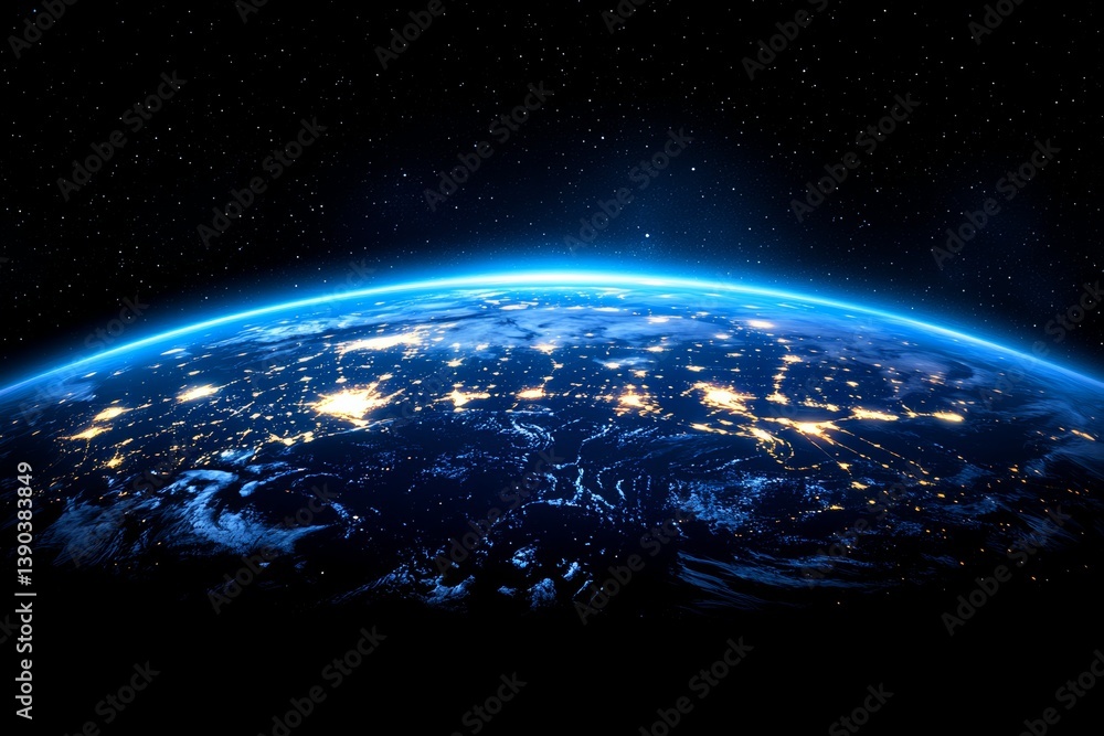 Poster a three-dimensional rendering of a glowing polygonal grid planet on a dark background, representing 