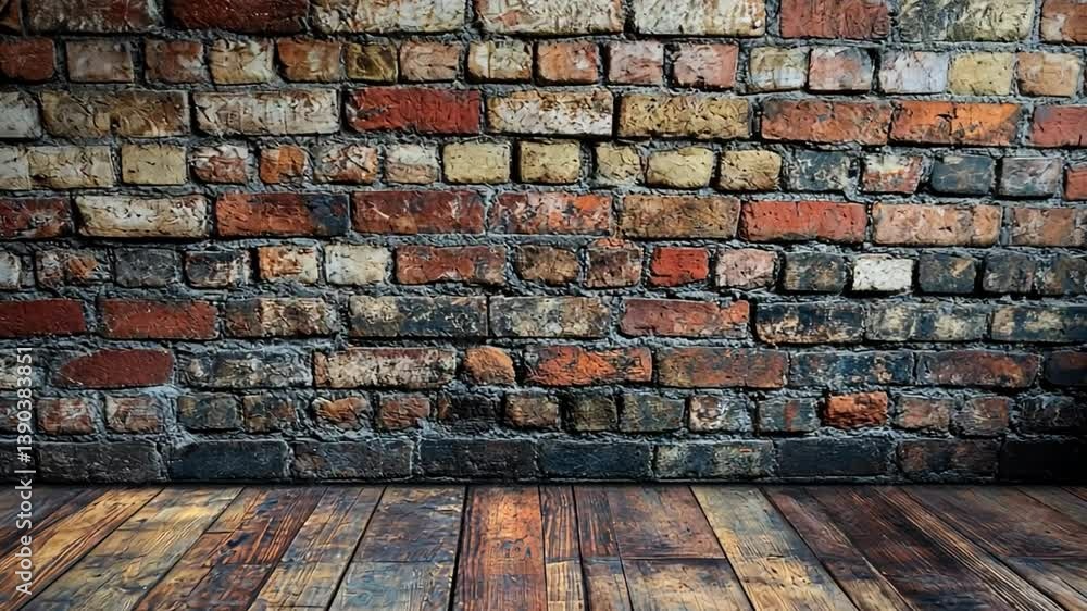 Poster textured background of weathered brick wall with rustic floor and diverse color variations in red, b