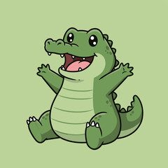Smiling Alligator Cartoon: A cute, cartoon alligator sits and smiles. Perfect for educational materials, children's designs, or any project needing a friendly reptile character.