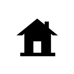 Home Icon: A minimalist silhouette of a classic house, with a pitched roof, chimney, and doorway, representing concepts of home, shelter, and real estate.
