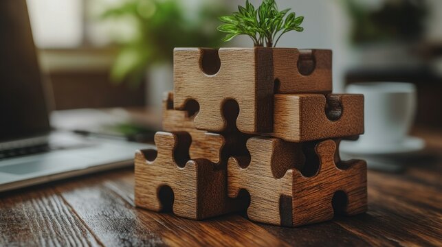 Stacked wooden puzzle pieces, a small plant, and a cup of coffee on a desk, suggesting collaboration, problem-solving, and growth.  A thoughtful workspace