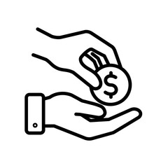 Money Transfer: A simple but impactful black and white outline captures the essence of monetary exchange, with a hand passing a coin to another in a gesture of financial transactions.