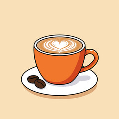 Latte Art Serenity: An inviting close-up of a warm cup of latte art, with delicate design atop the rich coffee, next to two roasted coffee bean resting peacefully, and ceramic cup resting on a saucer.