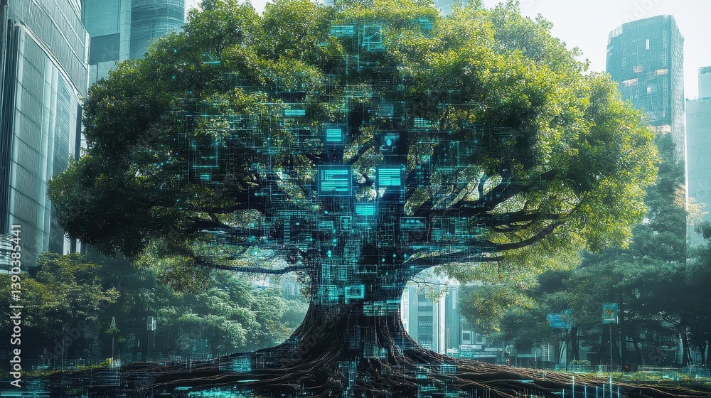 Poster a vibrant tree with digital structures amidst a cityscape setting