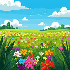Blossoming Meadow: A vibrant, colorful, and beautiful meadow illustration filled with diverse flowers under a bright blue sky, invoking feelings of joy, beauty, and peace.