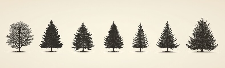 Obraz premium Contemporary illustrations of tree travel badges, highlighting black silhouettes of pine, spruce, cedar, and plant leaves in an artistic stem representation