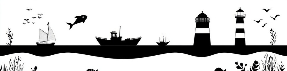Obraz premium A playful black and white artwork featuring various fish, boats, and sea life in a whimsical manner
