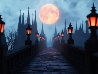 Naklejka premium The winding streets of a European city, gothic rooftops kissed by moonlight, lanterns flickering in the distance, timeless and magical