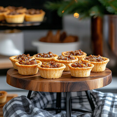 Mini tarts filled with pecan mixture displayed on a wooden stand in a cozy kitchen setting during a festive gathering