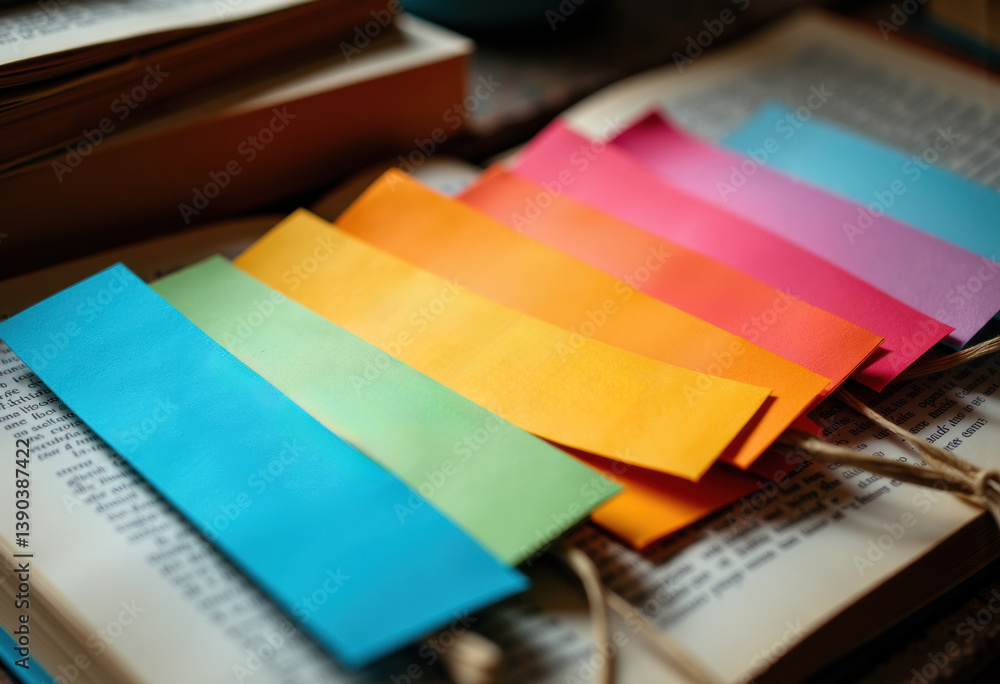 Poster colorful bookmarks arranged on an open book, adding vibrancy to reading