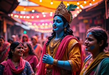 Obraz premium Colorful celebration with a blue deity statue and joyful participants in traditional attire