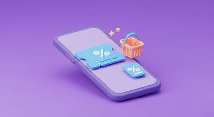 Unlocking amazing deals: a smartphone displaying discount coupons and a shopping basket, all in playful pastel tones on a soft purple background.