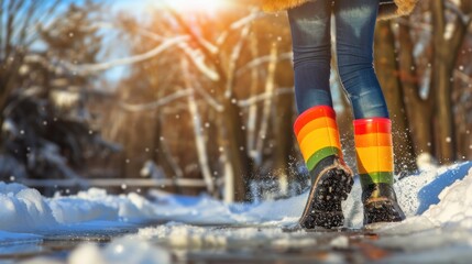 Person in colorful boots walking on snowy path with sunlight in winter park